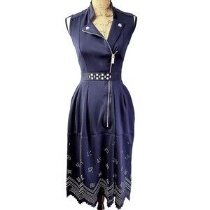HIGH TECH Women's Asymmetrical Zipper Lazer Cut Eyelet Belted Navy Dress SZ 2